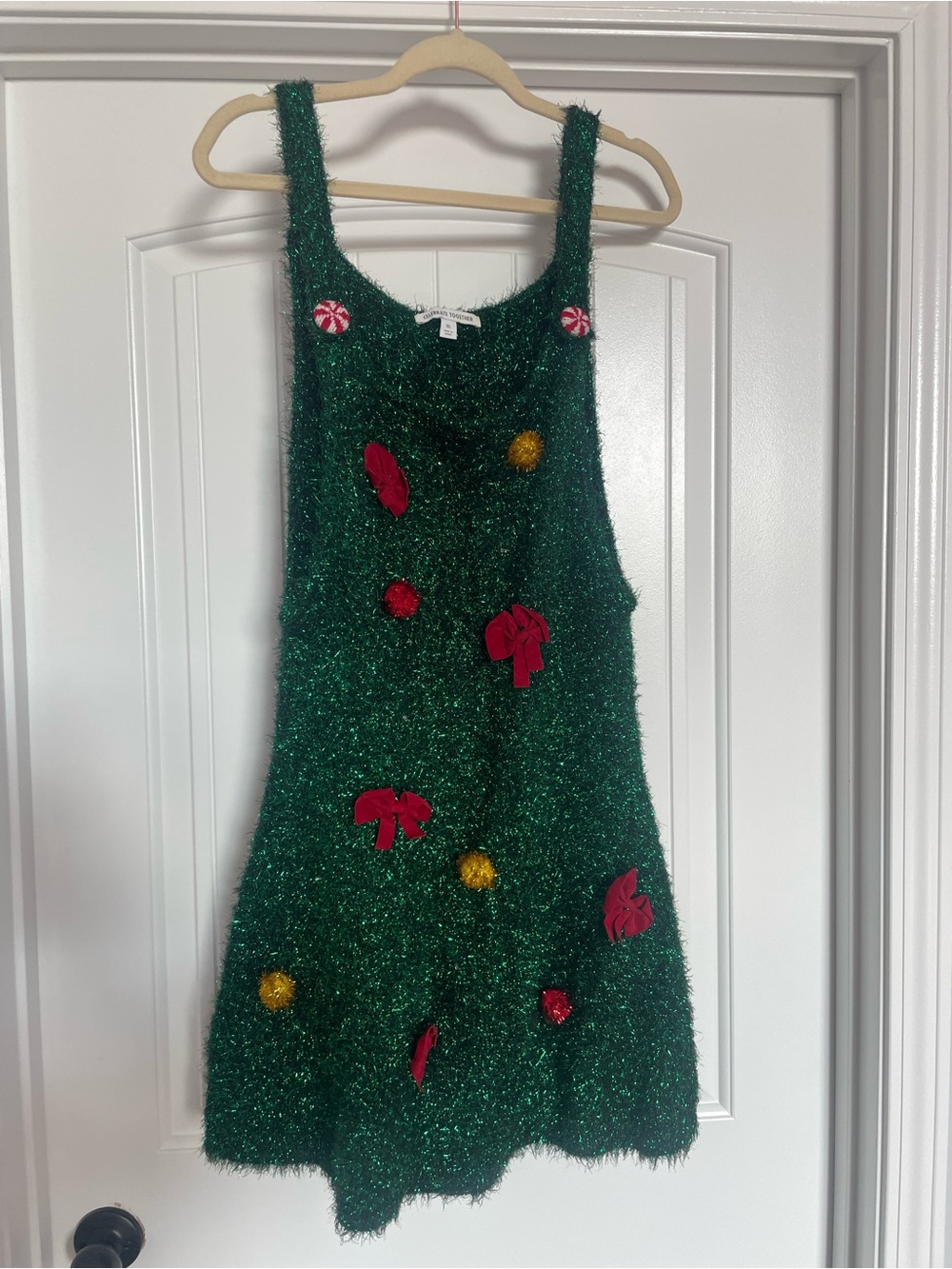 Festive Green Tinsel Pinafore Dress with Red & Gold Accents